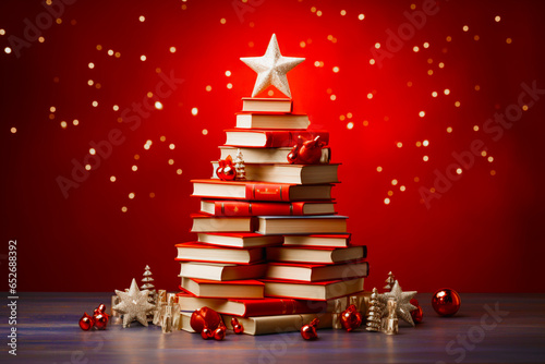 A Christmas tree made of books in colorful fabric covers. Christmas and New Year, education, book publishing, reading, vintage style.