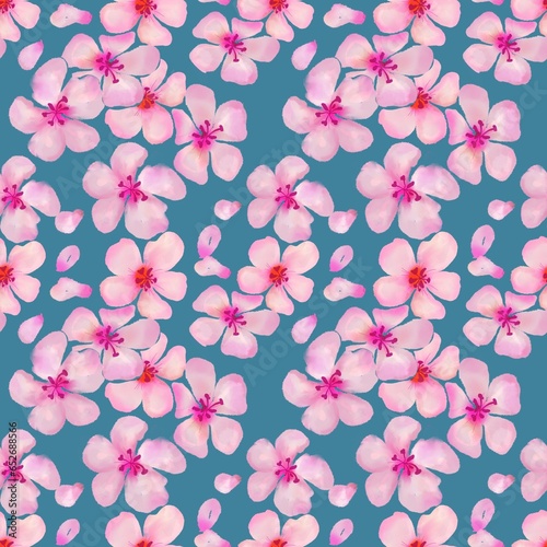 Watercolor cherry blossom seamless pattern with pink flowers