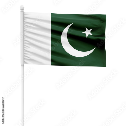 Pakistan flag isolated on cutout background. Waving the Pakistan flag on a white metal pole. photo