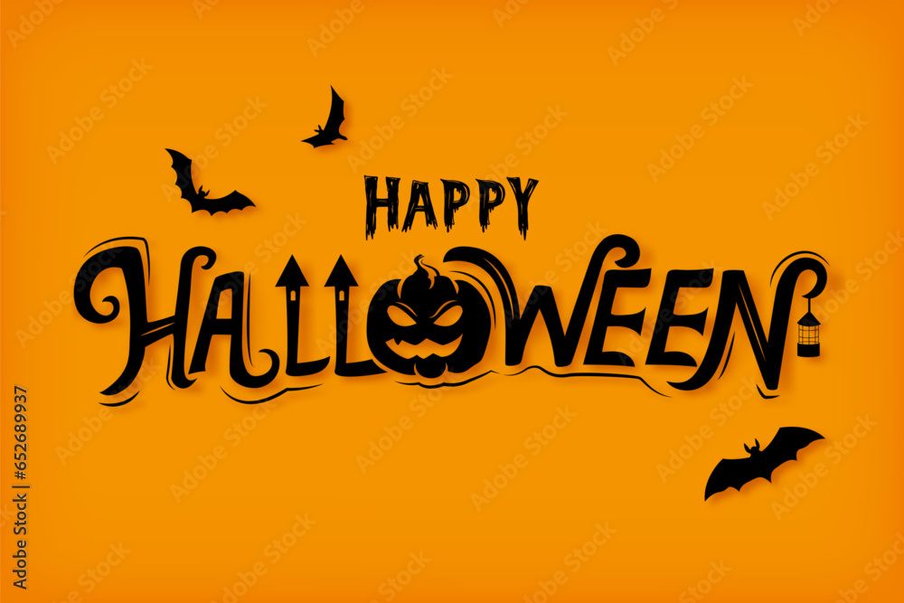 Obraz premium Happy Halloween text lettering typography with decoration elements on orange background, vector illustration