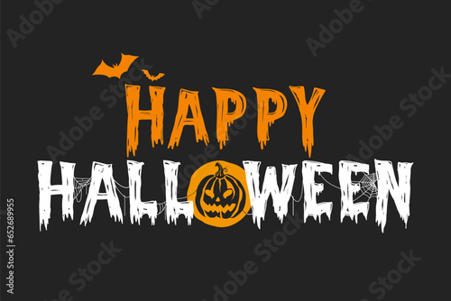 Happy Halloween text lettering typography with decoration elements on black background, vector illustration