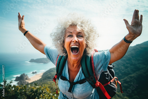 Excited retirement woman in her travel