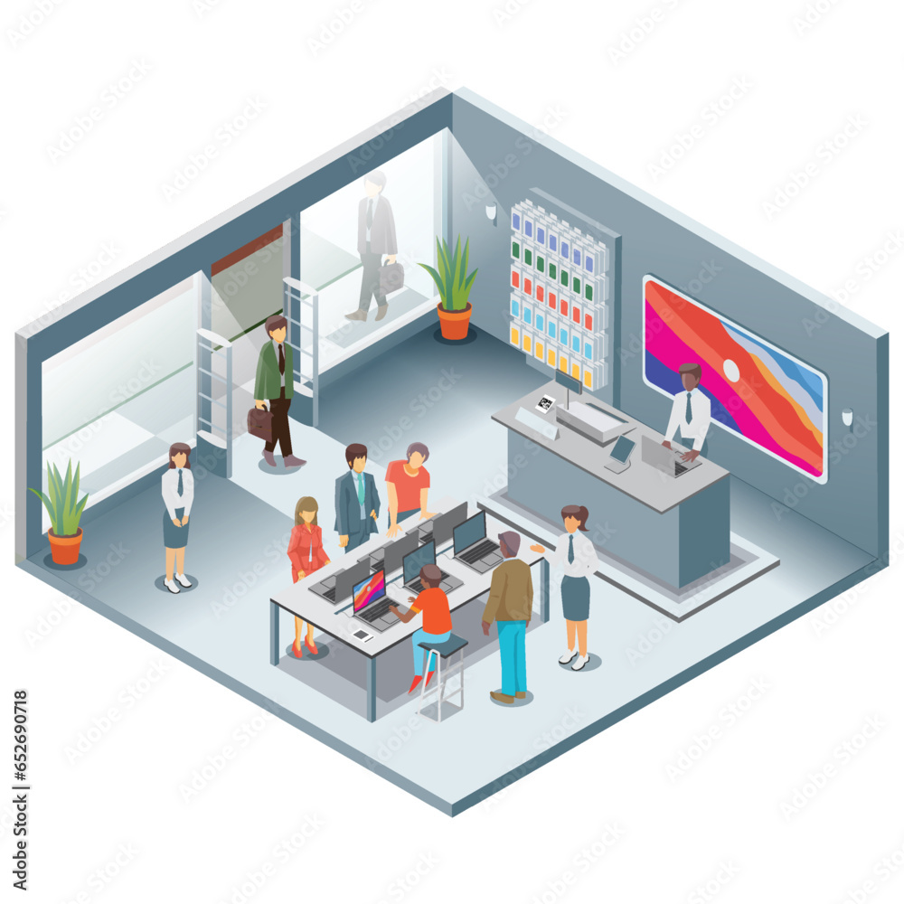 Vector isometric gadgets showroom illustration. mobile phone showroom with customer and staff with presentation isometric vector illustration. Vector isometric gadgets showroom illustration. mobile phone showroom with customer and staff with presentation isometric vector illustration.