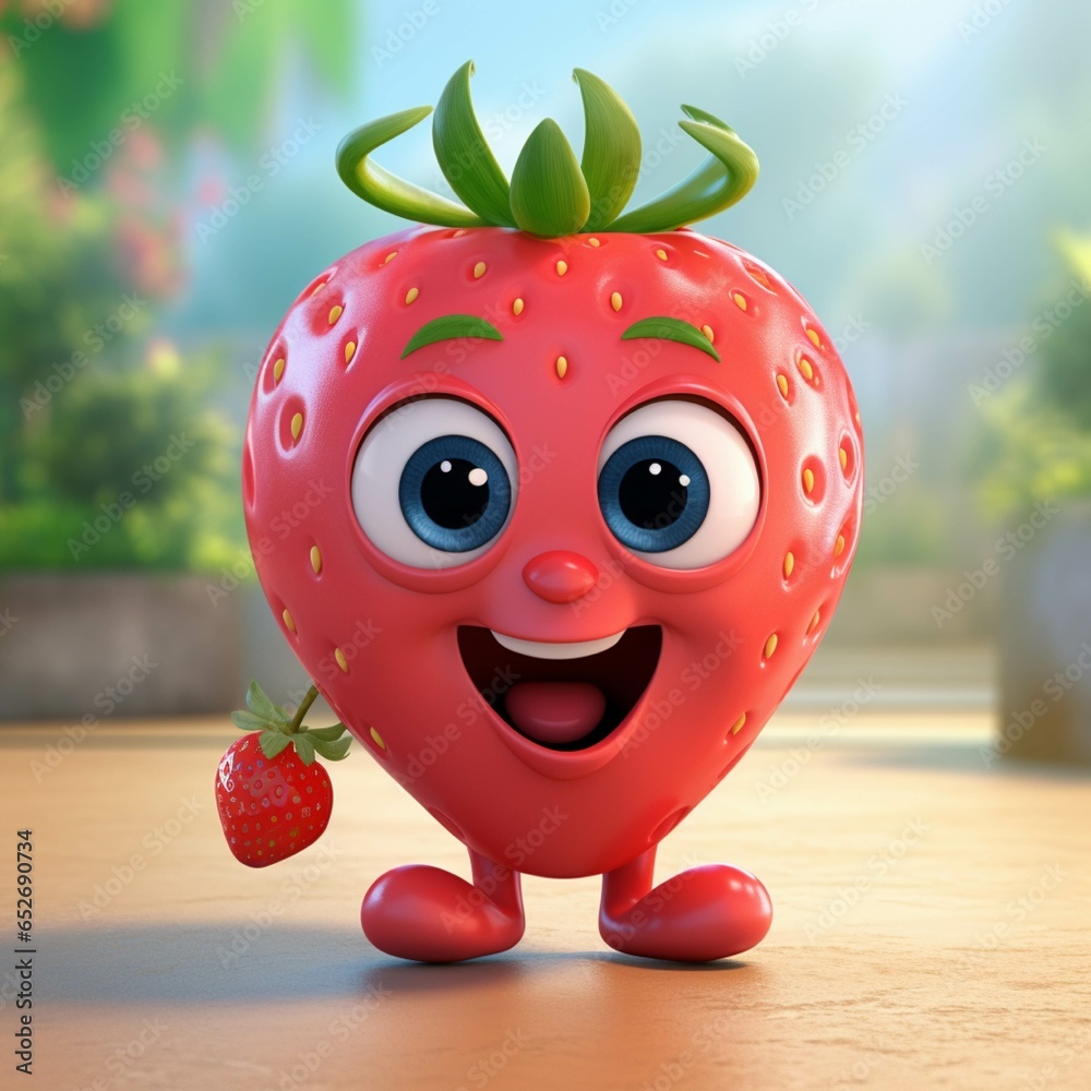 Cartoon character of strawberry with happy expression - 3D Illustration