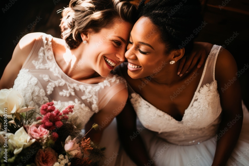 Lesbian couple  at the wedding  hugging each other