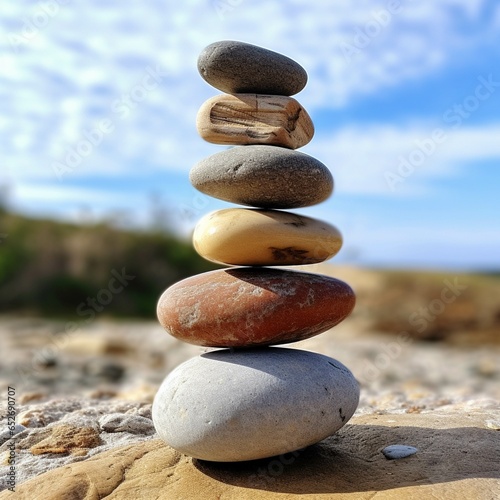 Stack of colorful pebbles on the shore of a mountain river