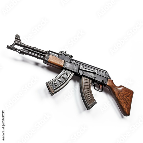 A black and brown AK-47 assault rifle with a wooden stock and handguard, positioned diagonally with the barrel pointing toward the top left corner, against a plain white background