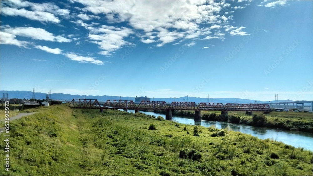 This is a Japanese river. It is called Uji River.A bridge is being
