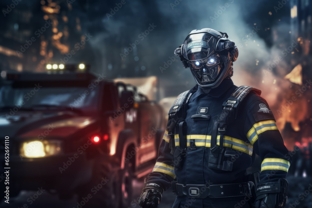 Naklejka premium Human and AI Symbiosis in Advanced Urban Landscapes. Futuristic Background with Smart Robots and Androids.