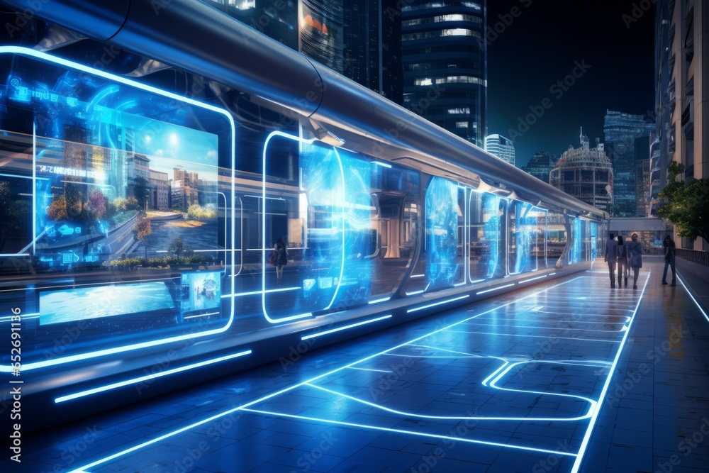 Fototapeta premium Human and AI Symbiosis in Advanced Urban Landscapes. Futuristic Background with Smart Robots and Androids.