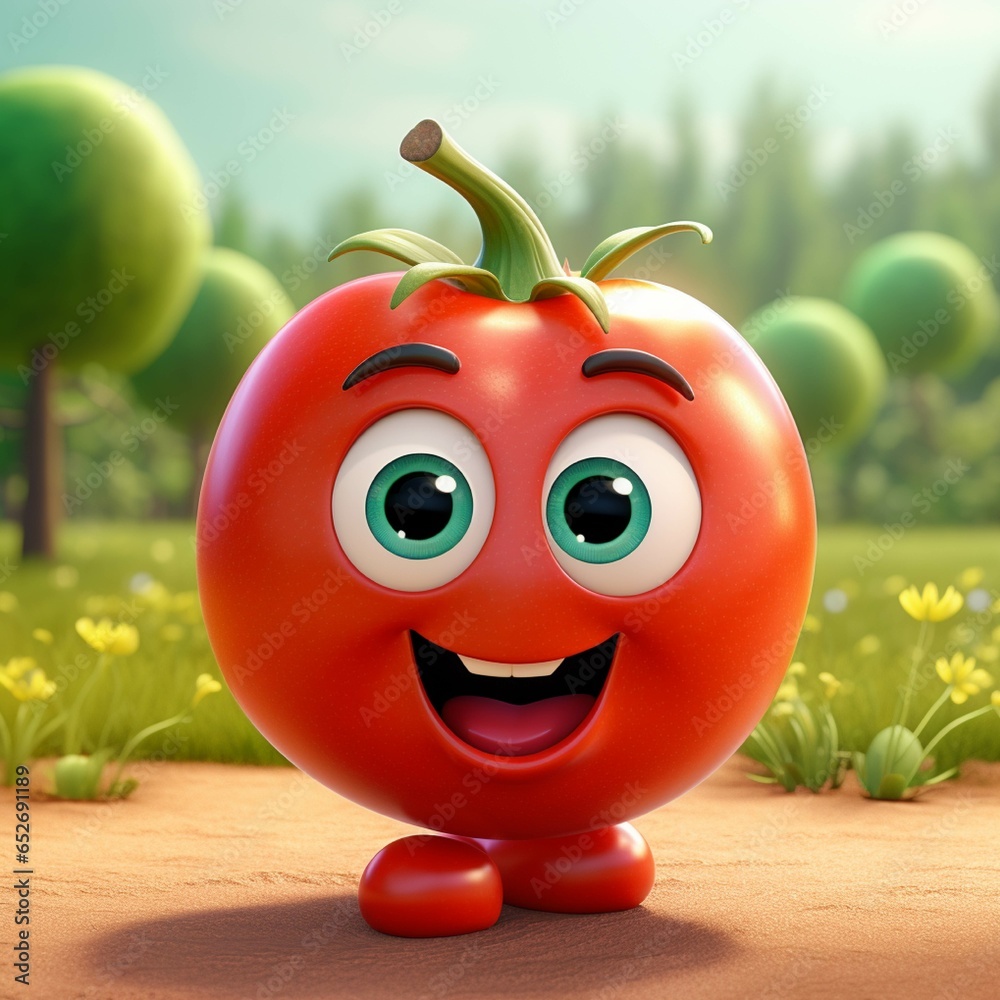 Cartoon tomato character with happy expression in the living room - 3d illustration