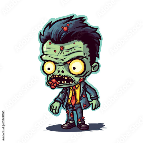 A cartoon zombie with green skin and red eyes, sporting a blue pompadour, a blue jacket, a red tie, and a red worm crawling out of a wound on its forehead, Transparent Background, PNG File