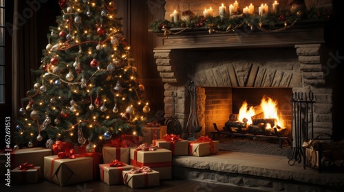 Christmas interior with tree, presents and fireplace. New Year concept.