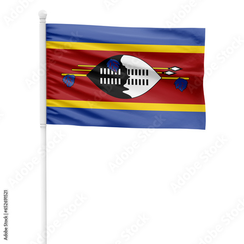 Swaziland flag isolated on cutout background. Waving the Swaziland flag on a white metal pole. photo