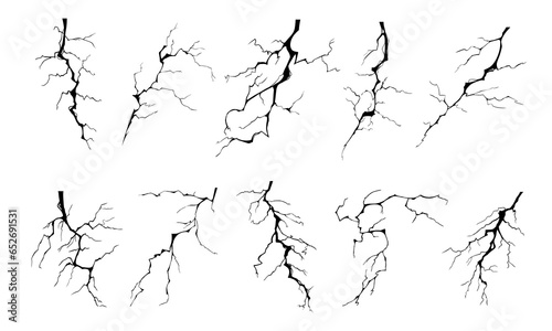 Lightning strike bolt silhouettes vector illustration set. Black thunderbolts and zippers are natural phenomena isolated on a white background. Thunderstorm electric effect of light and shining flash.