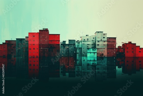 Teal and Red City Minimalism in a negative artistic space. Visual abstract metaphor. Geometric shapes with gradients.