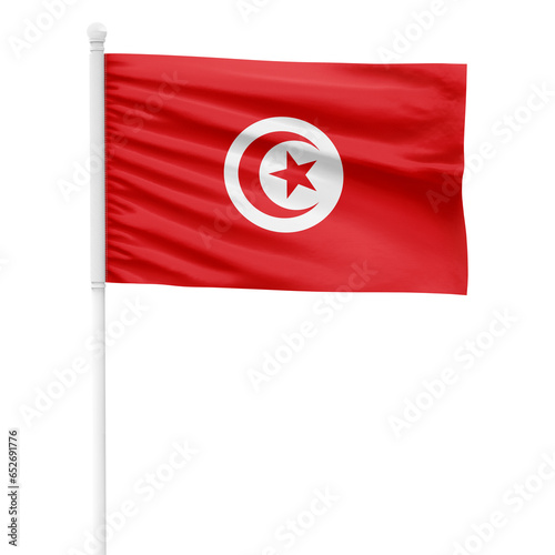 Tunisia flag isolated on cutout background. Waving the Tunisia flag on a white metal pole. photo