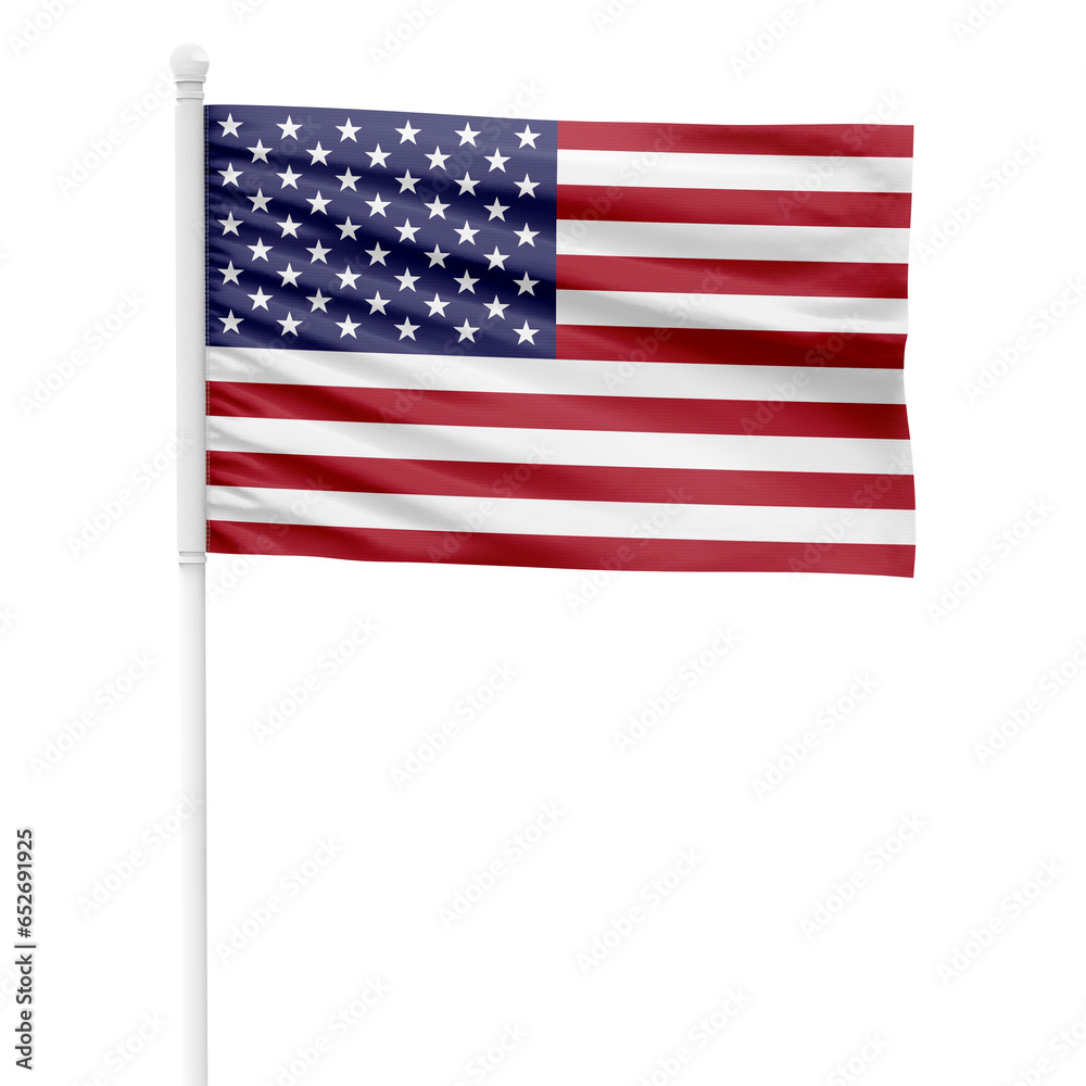Obraz premium United States flag isolated on cutout background. Waving the United States flag on a white metal pole.