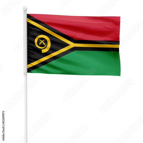 Vanuatu flag isolated on cutout background. Waving the Vanuatu flag on a white metal pole. photo