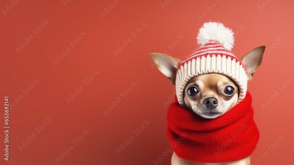 dog wearing santa hat on a red background 