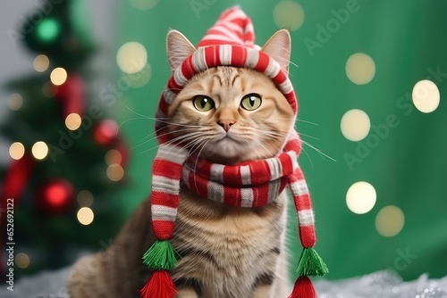 cat with christmas hat and decorations