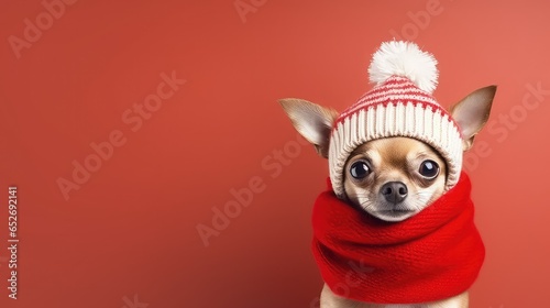 dog wearing santa hat on a red background  © Pixalogue