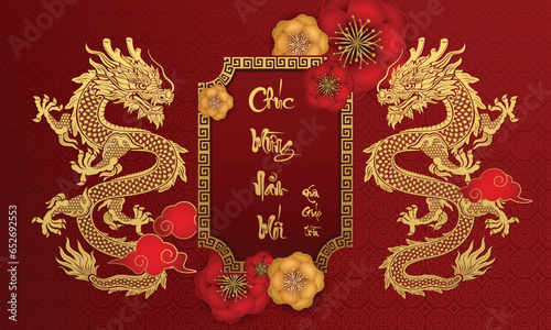 Vietnamese Lunar New Year 2024: Year of the dragon with Asian elements red paper cut style on peach blossom background