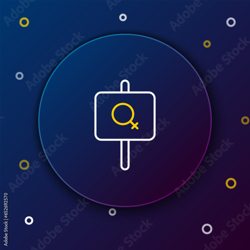 Line Female movement, feminist activist with banner and placards icon isolated on blue background. Feminist rights movement, feminism sisterhood. Colorful outline concept. Vector