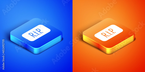 Isometric Speech bubble rip death icon isolated on blue and orange background. Square button. Vector