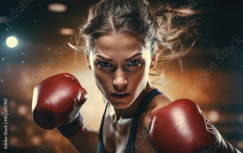 Professional female boxer in a heavy fight game take extreme punch in face sport action close-up photo. Generative AI