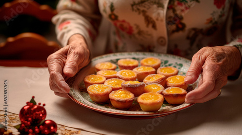 Elderly Lady Embracing Christmas Traditions, Offering Plate of Delicious Holiday Sweets, Festive Delights Abound
