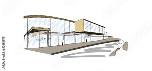 Colorful architecture sketch of building exterior facade with large windows and terraces. Office, shopping exterior. Hand drawn ink style vector illustration.