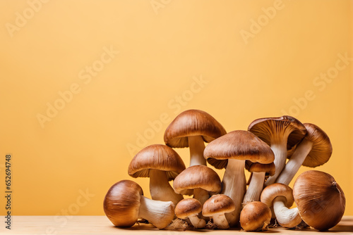 A pile of fresh mushrooms on a light yellow background