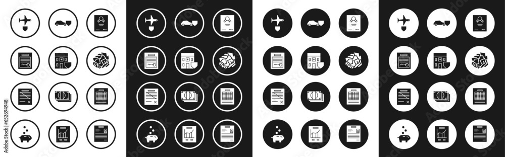 Set Certificate template, Medical hospital building with shield, Filled form, Plane, Crumpled paper ball, Car, Report file document and Delete icon. Vector