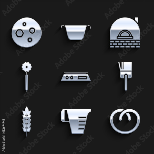 Set Electronic scales, Measuring cup, Pretzel, Kitchen brush, Cereals with rice, wheat, corn, oats, rye, Pizza knife, Brick stove and Cookie biscuit chocolate icon. Vector
