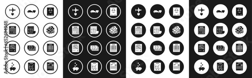 Set Certificate template, Medical hospital building with shield, Filled form, Plane, Crumpled paper ball, Car, Report file document and Delete icon. Vector