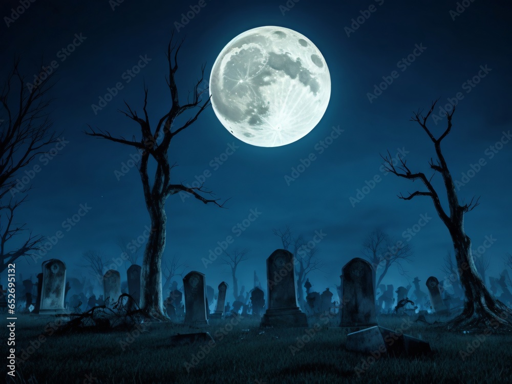 Graveyard at night, Spooky cemetery with night full moon. Holiday event halloween background