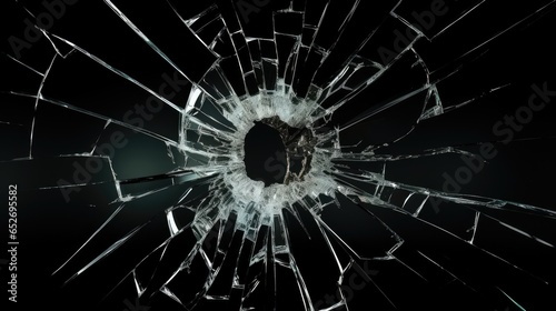 Bullet hole in a cracked glass on a black backdrop as a concept for destruction and shattered life as a result of destructive impact of bad habits like alcohol and gambling