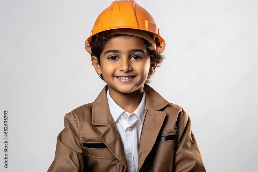 Indian little boy in engineer costume and wearing helmet. Indian little boy in engineer costume and wearing helmet.