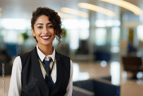 Portrait of a beautiful young steward in her outfit, in the middle of an airport