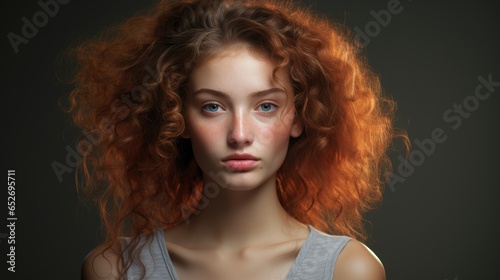 Pretty redhead curly woman with freckles and blue eyes with no emotions on her face