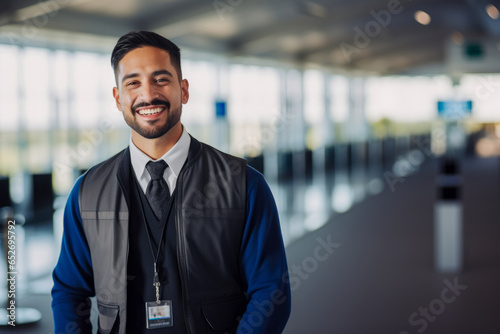 Portrait of a handsom young steward in his outfit, in the middle of an airport photo