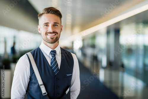 Portrait of a handsom young steward in his outfit, in the middle of an airport