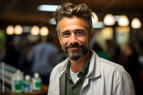 portrait of pharmacist in pharmacy, pharmacist behind the counter in a drug store looking at camera