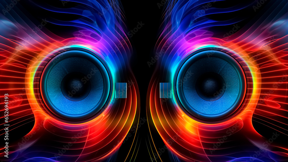 Abstract colorful sound speakers on a black background. Music concept. - obrazy, fototapety, plakaty 