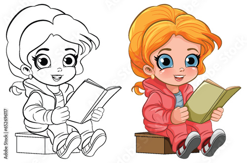 Cute Girl Reading Book Outline for Colouring