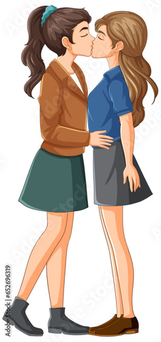 Lesbian couple kissing cartoon isolated