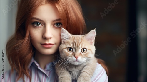 Lovely young woman holding a cat in hands. pets animals and people concept.
