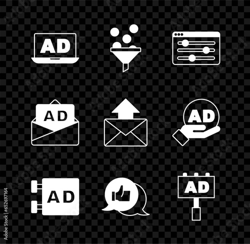 Set Advertising, Lead management, Browser setting, Customer product rating, and Mail and e-mail icon. Vector