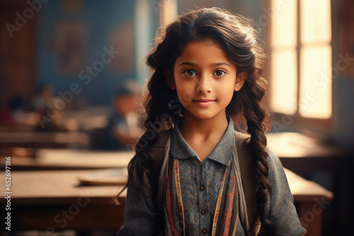 Happy indian little girl child sitting in class room